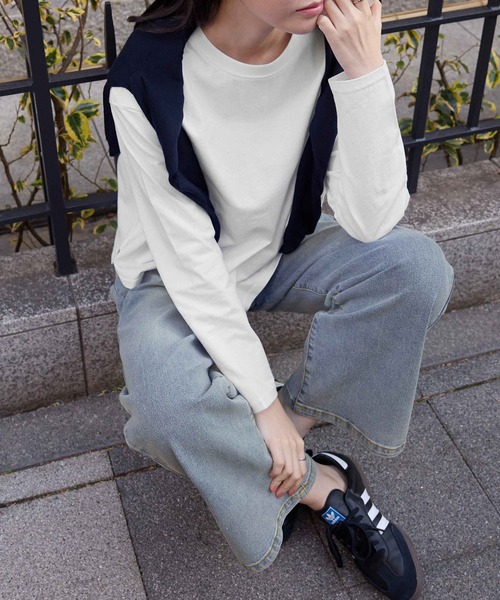 CHAN ME(チャンミ)の「綿100%ラウンドヘムオーバーサイズTシャツ(ショート丈)(Tシャツ/カットソー・レディース・ブラック/カーキ/ブルー/アイボリー/ネイビー/ピンク/チャコールグレー/ホワイト・MEDIUM/X-LARGE/LARGE)」の12枚目の写真
