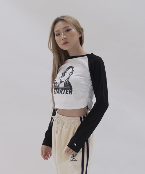 STARTER BLACK LABEL（スターターブラックレーベル）の「≪2サイズ展開/レディース≫STARTER BLACK LABEL 天竺ショート丈 ラグラン裾シャーリング ロングスリーブTシャツ（Tシャツ/カットソー・レディース・ホワイト×ブラック・MEDIUM/LARGE）」の10枚目の写真