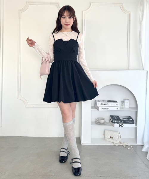 Loueme(ルエム)の「バックオープンリボンバルーンミニワンピ(ワンピース・レディース・ブラック/ホワイト・FREE)」の3枚目の写真