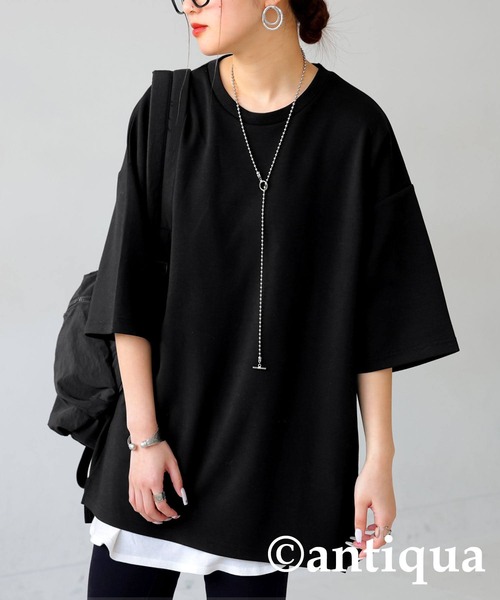 antiqua(アンティカ)の「ポンチ半袖Tシャツ(Tシャツ/カットソー・レディース・ホワイト/ライム/杢グレー/ブラック/ブルーグリーン・ONESIZE)」の3枚目の写真