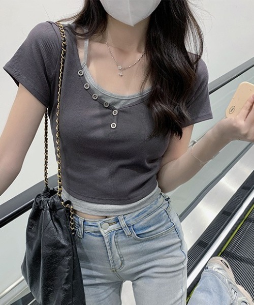 Teem Store（チームストア）の「ドッキングフロントボタンヘンリーネックTシャツ（Tシャツ/カットソー・レディース・ホワイト/グレー/ダークグレー・S/M/L）」の11枚目の写真