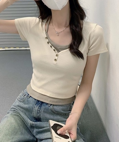 Teem Store（チームストア）の「ドッキングフロントボタンヘンリーネックTシャツ（Tシャツ/カットソー・レディース・ホワイト/グレー/ダークグレー・S/M/L）」の7枚目の写真
