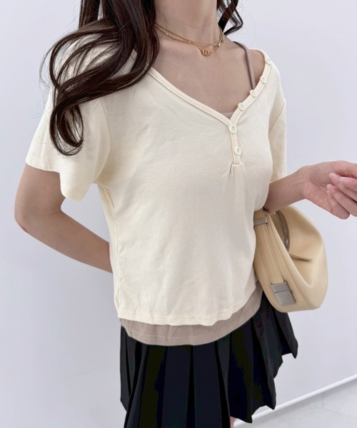 Teem Store（チームストア）の「ドッキングフロントボタンヘンリーネックTシャツ（Tシャツ/カットソー・レディース・ホワイト/グレー/ダークグレー・S/M/L）」の13枚目の写真