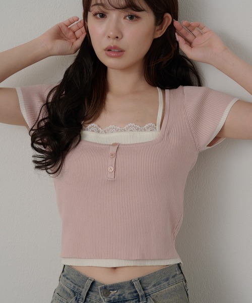 RAY CASSIN(レイカズン)の「レースキャミレイヤードヘンリーニット(ニット/セーター・レディース・ライトベージュ/ピンク/ネイビー・FREE)」の11枚目の写真