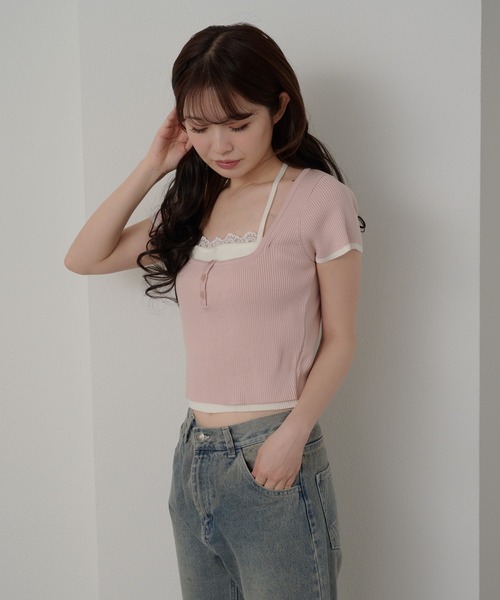 RAY CASSIN(レイカズン)の「レースキャミレイヤードヘンリーニット(ニット/セーター・レディース・ライトベージュ/ピンク/ネイビー・FREE)」の12枚目の写真