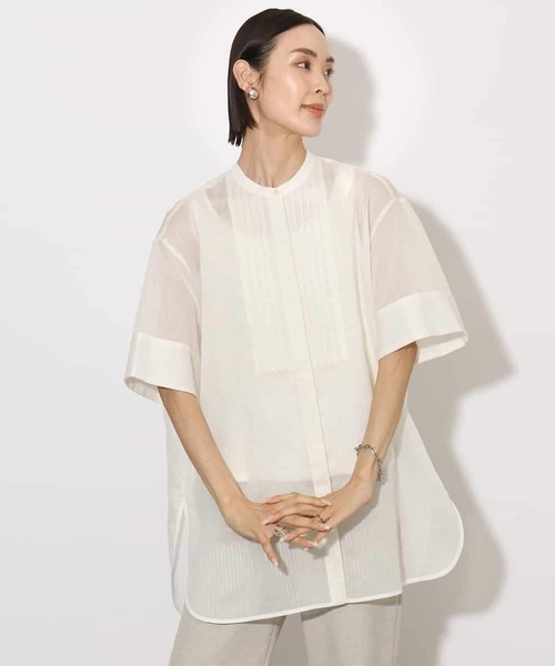 MICHEL KLEIN(ミッシェル・クラン)の「シアーチュニックブラウス(シャツ/ブラウス・レディース・ホワイト/ネイビー・38)」の1枚目の写真
