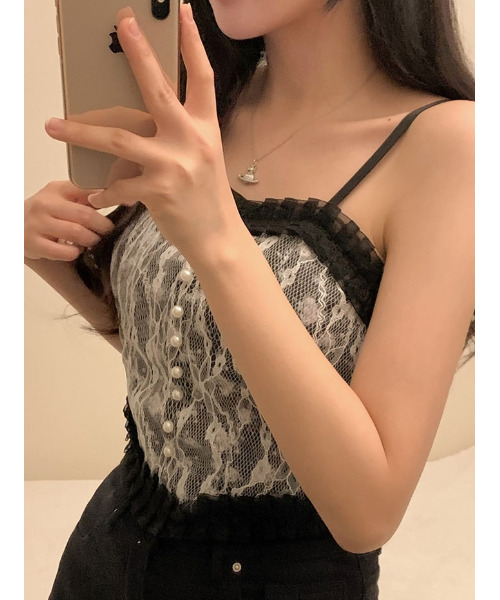 VIVID LADY(ビビッドレディー)の「花柄レースキャミソールカップ付 ブラレット カップタンクトップ(キャミソール・レディース・アイボリー/ブラック・FREE)」の20枚目の写真