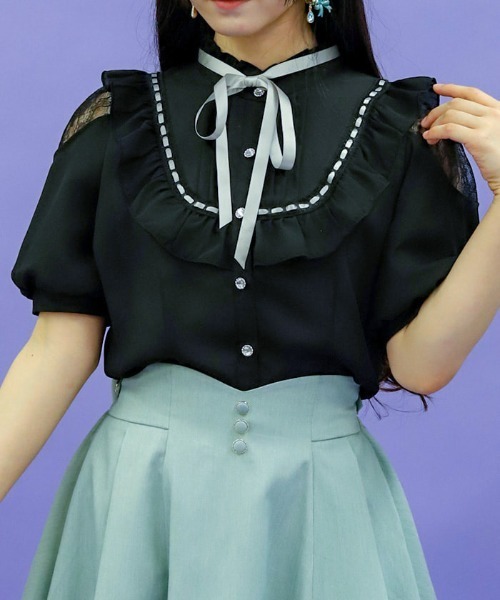 axes femme POETIQUE（アクシーズファムポエティック）の「レース肩あきブロッキングブラウス（シャツ/ブラウス・レディース・ピンク/キナリ/ブラック・MEDIUM）」の2枚目の写真