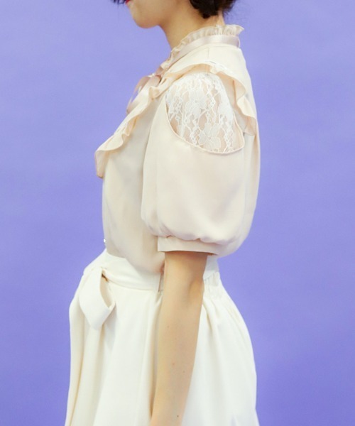 axes femme POETIQUE（アクシーズファムポエティック）の「レース肩あきブロッキングブラウス（シャツ/ブラウス・レディース・ピンク/キナリ/ブラック・MEDIUM）」の5枚目の写真