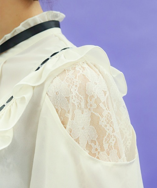 axes femme POETIQUE（アクシーズファムポエティック）の「レース肩あきブロッキングブラウス（シャツ/ブラウス・レディース・ピンク/キナリ/ブラック・MEDIUM）」の9枚目の写真