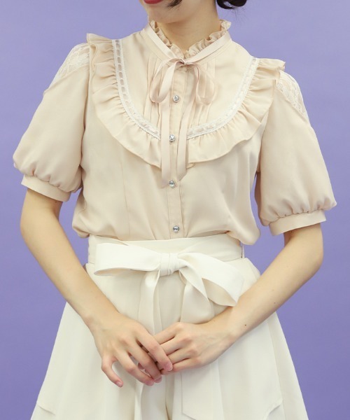 axes femme POETIQUE（アクシーズファムポエティック）の「レース肩あきブロッキングブラウス（シャツ/ブラウス・レディース・ピンク/キナリ/ブラック・MEDIUM）」の4枚目の写真