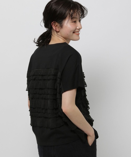 新品 レリアンアクセサリー付きメッシュフリルプルオーバー ブラック フリルメッシュフレンチプルオーバー（Tシャツ/カットソー