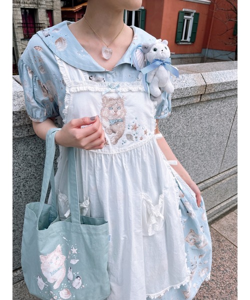 PINK HOUSE(ピンクハウス)の「さざ波とねこプリントバッグ(トートバッグ・レディース・ライトブルー/ネイビー/キナリ・フリー)」の4枚目の写真