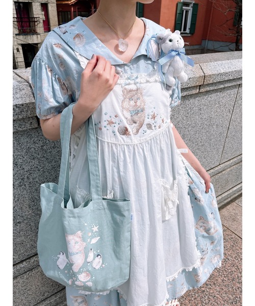 PINK HOUSE(ピンクハウス)の「さざ波とねこプリントバッグ(トートバッグ・レディース・ライトブルー/ネイビー/キナリ・フリー)」の6枚目の写真