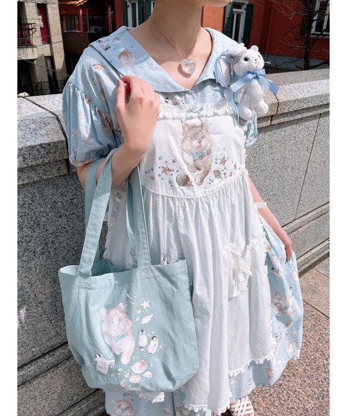 PINK HOUSE(ピンクハウス)の「さざ波とねこプリントバッグ(トートバッグ・レディース・ライトブルー/ネイビー/キナリ・フリー)」の5枚目の写真