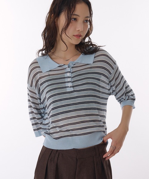 MUHET（ミュエータ）の「sheer striped polo knit / シアーボーダーポロニット（ポロシャツ・レディース・ライトブルー/チャコールグレー/ベージュ・FREE）」の3枚目の写真