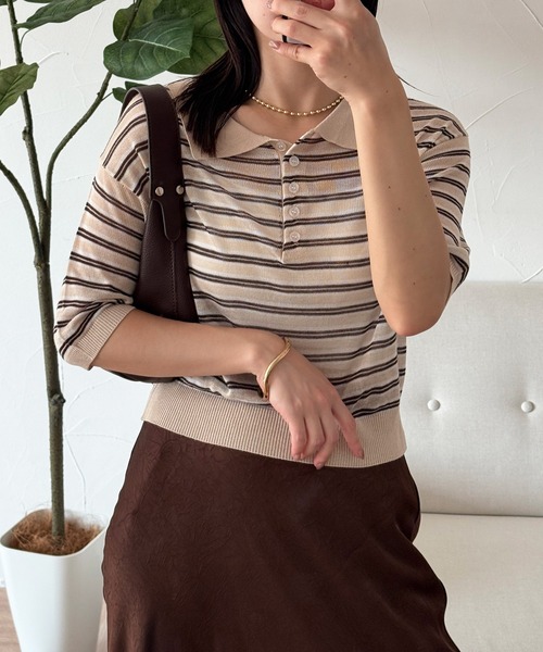 MUHET（ミュエータ）の「sheer striped polo knit / シアーボーダーポロニット（ポロシャツ・レディース・ライトブルー/チャコールグレー/ベージュ・FREE）」の16枚目の写真