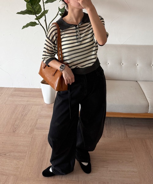 MUHET（ミュエータ）の「sheer striped polo knit / シアーボーダーポロニット（ポロシャツ・レディース・ライトブルー/チャコールグレー/ベージュ・FREE）」の7枚目の写真