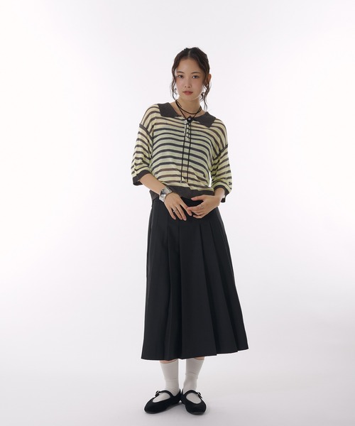 MUHET（ミュエータ）の「sheer striped polo knit / シアーボーダーポロニット（ポロシャツ・レディース・ライトブルー/チャコールグレー/ベージュ・FREE）」の10枚目の写真