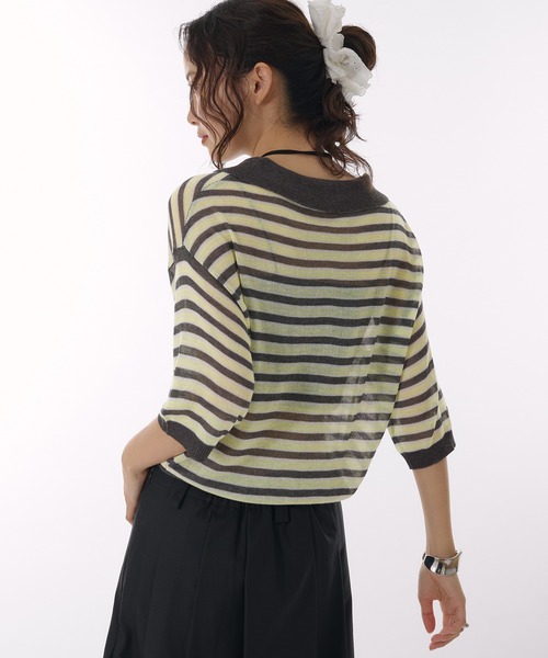 MUHET（ミュエータ）の「sheer striped polo knit / シアーボーダーポロニット（ポロシャツ・レディース・ライトブルー/チャコールグレー/ベージュ・FREE）」の9枚目の写真