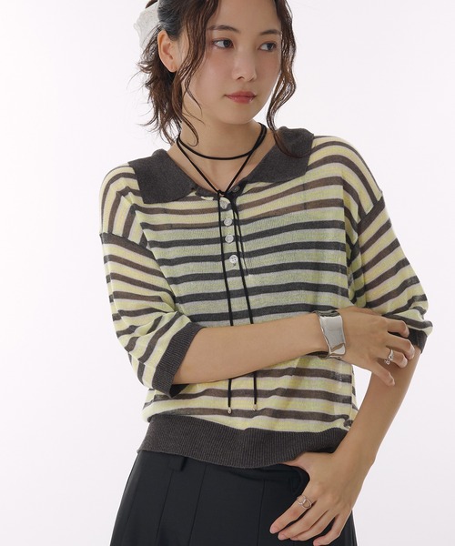 MUHET（ミュエータ）の「sheer striped polo knit / シアーボーダーポロニット（ポロシャツ・レディース・ライトブルー/チャコールグレー/ベージュ・FREE）」の8枚目の写真