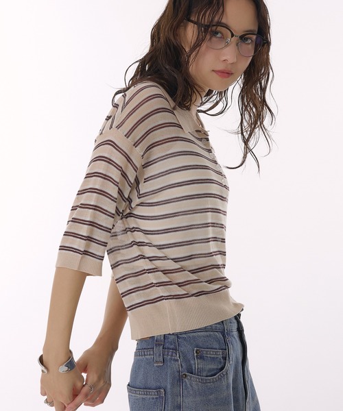 MUHET（ミュエータ）の「sheer striped polo knit / シアーボーダーポロニット（ポロシャツ・レディース・ライトブルー/チャコールグレー/ベージュ・FREE）」の19枚目の写真