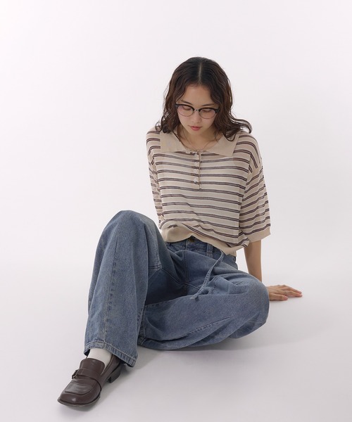 MUHET（ミュエータ）の「sheer striped polo knit / シアーボーダーポロニット（ポロシャツ・レディース・ライトブルー/チャコールグレー/ベージュ・FREE）」の21枚目の写真