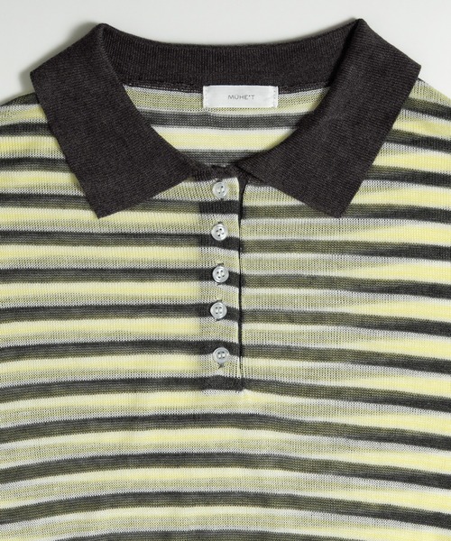 MUHET（ミュエータ）の「sheer striped polo knit / シアーボーダーポロニット（ポロシャツ・レディース・ライトブルー/チャコールグレー/ベージュ・FREE）」の6枚目の写真