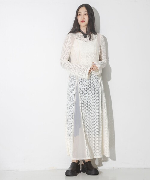 Ray BEAMS（レイビームス）の「レース キリカエ メッシュ ワンピース（ワンピース・レディース・オフホワイト/ブラック・ONE SIZE）」の5枚目の写真