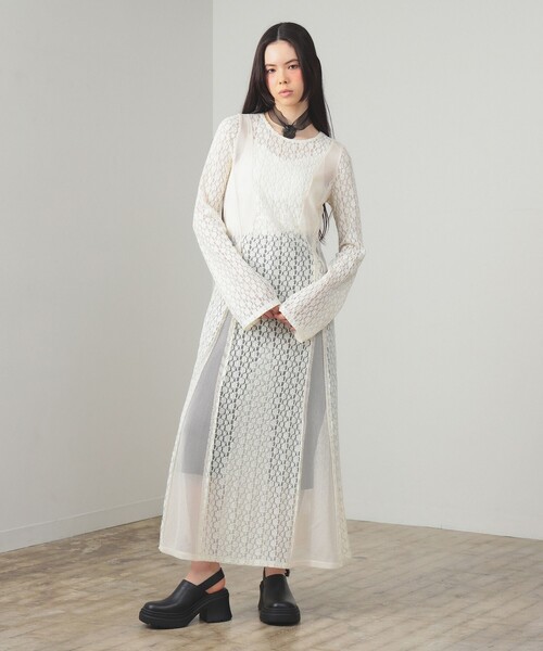 Ray BEAMS（レイビームス）の「レース キリカエ メッシュ ワンピース（ワンピース・レディース・オフホワイト/ブラック・ONE SIZE）」の4枚目の写真