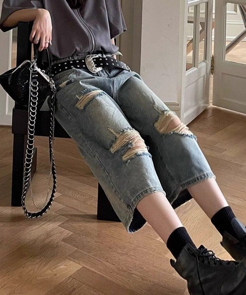 HALEY PESCA(ヘーリーペスカ)の「HALEY PESCA/Y2K ダメージハーフデニム(デニムパンツ・レディース・ブルー・SMALL/MEDIUM/LARGE)」の4枚目の写真