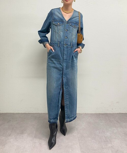 シーナリー ai no de(アイノデ) デニムブルゾン　美品 ラウンジドレス ノーカラーデニムワンピース（ワンピース）｜LOUNGEDRESS