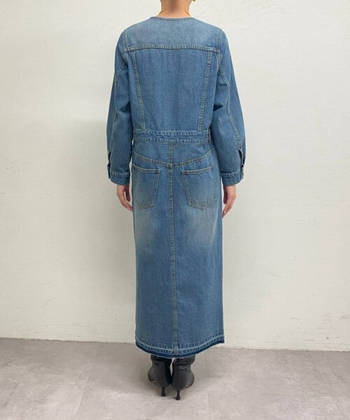 デニム切り返しノーカラーロングワンピース スモークデニムロング