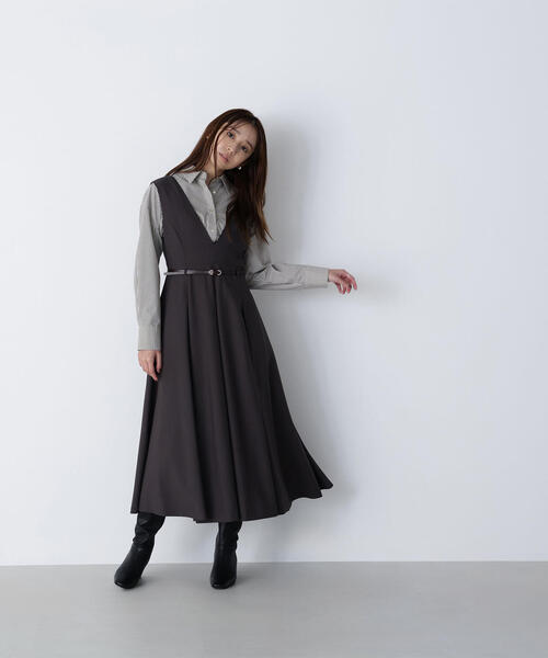 新品タグ付ベルテットタックジャンスカ ベージュP/Sサイズ ◇ベルテッドタックジャンスカ（ジャンパースカート）｜NATURAL