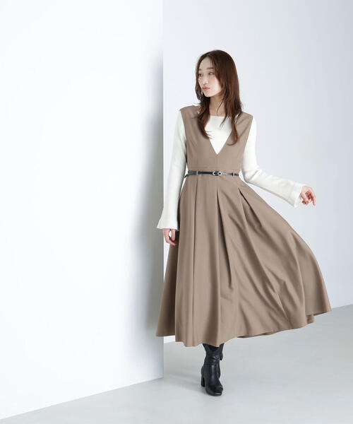 NATURAL BEAUTY BASIC（ナチュラルビューティーベーシック）の「◇ベルテッドタックジャンスカ（ジャンパースカート・レディース・チャコールグレー/ベージュ・SMALL/MEDIUM/P/S）」の13枚目の写真