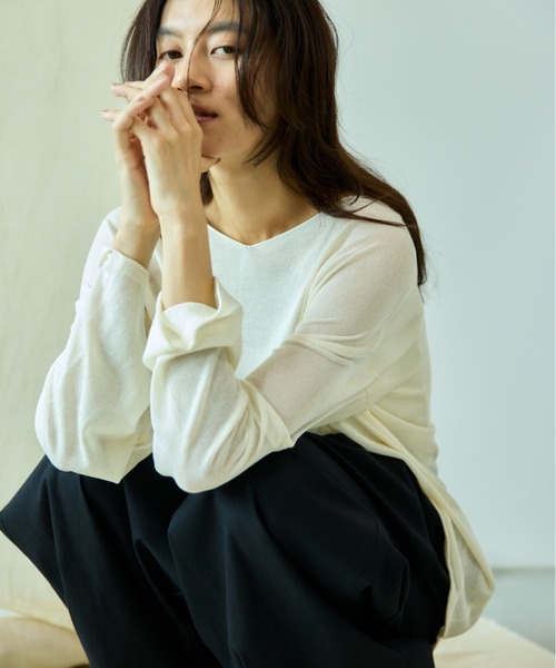 Libra Cue（リブラ キュー）の「Vネックシアーニット（ニット/セーター・レディース・グレー/アイボリー/ブラック・FREE）」の7枚目の写真