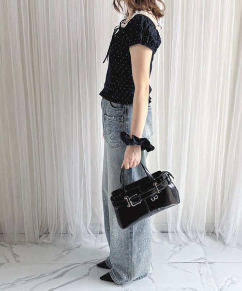 ぷに様 ブラウス Fドット 雑誌掲載】【大きいサイズ/11号サイズあり】ボウタイ風スクエア