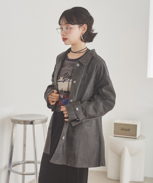 LAULEN（ローレン）の「suede like soutien collar jacket /スエード調ステンカラーオーバーサイズジャケット（ステンカラーコート・レディース・ブラウン/チャコールグレー・FREE）」の12枚目の写真