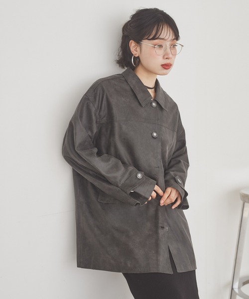 LAULEN（ローレン）の「suede like soutien collar jacket /スエード調ステンカラーオーバーサイズジャケット（ステンカラーコート・レディース・ブラウン/チャコールグレー・FREE）」の15枚目の写真