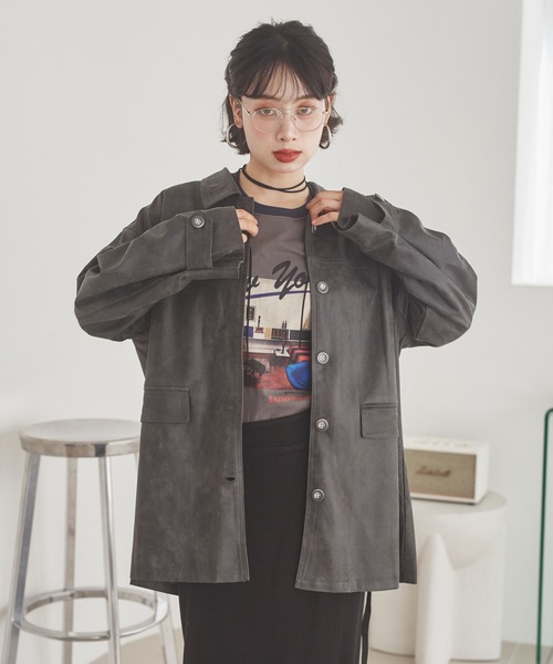 LAULEN（ローレン）の「suede like soutien collar jacket /スエード調ステンカラーオーバーサイズジャケット（ステンカラーコート・レディース・ブラウン/チャコールグレー・FREE）」の9枚目の写真