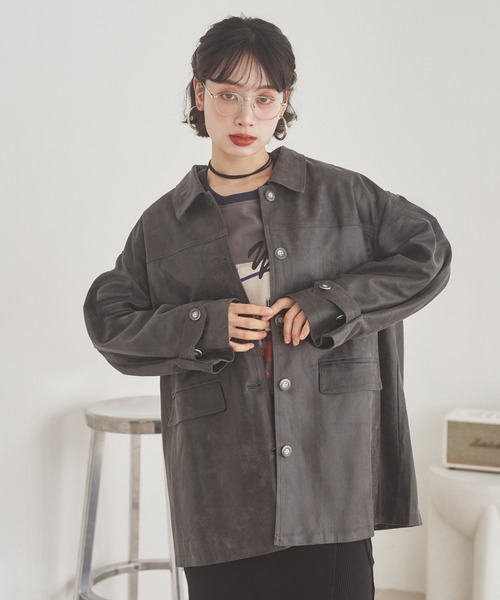 LAULEN（ローレン）の「suede like soutien collar jacket /スエード調ステンカラーオーバーサイズジャケット（ステンカラーコート・レディース・ブラウン/チャコールグレー・FREE）」の8枚目の写真