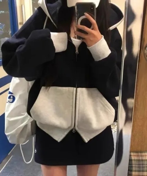 Teem Store(チームストア)の「【再入荷】バイカラーオーバーサイズダブルZIPパーカー ジャケット(パーカー・レディース・ネイビー/ブラウン・F)」の10枚目の写真