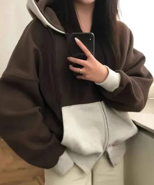 Teem Store(チームストア)の「【再入荷】バイカラーオーバーサイズダブルZIPパーカー ジャケット(パーカー・レディース・ネイビー/ブラウン・F)」の14枚目の写真