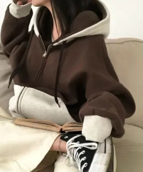 Teem Store(チームストア)の「【再入荷】バイカラーオーバーサイズダブルZIPパーカー ジャケット(パーカー・レディース・ネイビー/ブラウン・F)」の16枚目の写真