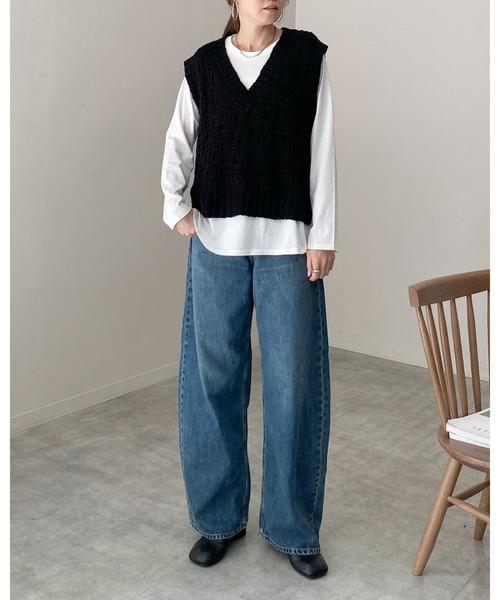 セール】深Vネックケーブル編み風ざっくりニットベスト（ベスト