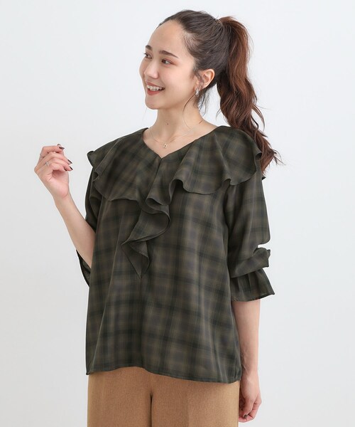 DRESKIP(ドレスキップ)の「【S-LL】きれいめカジュアルに チェック柄フリルブラウス(シャツ/ブラウス・レディース・アイボリー系1/ワイン系1/ダークブラウン系1・01/02/03/04)」の8枚目の写真