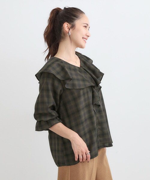 DRESKIP(ドレスキップ)の「【S-LL】きれいめカジュアルに チェック柄フリルブラウス(シャツ/ブラウス・レディース・アイボリー系1/ワイン系1/ダークブラウン系1・01/02/03/04)」の9枚目の写真