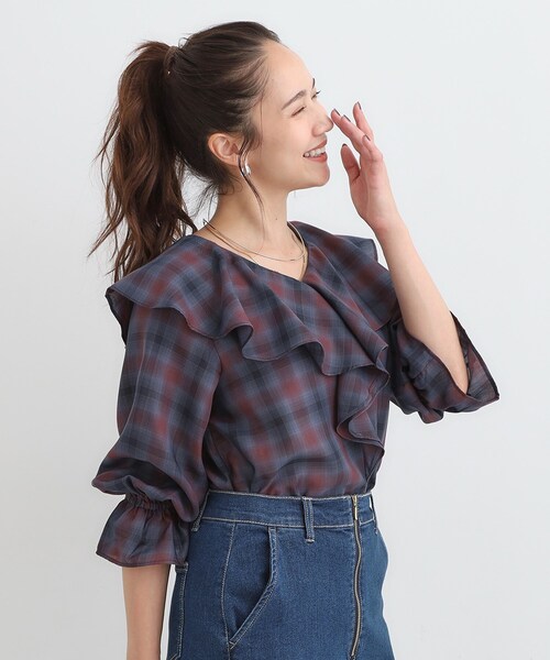 DRESKIP(ドレスキップ)の「【S-LL】きれいめカジュアルに チェック柄フリルブラウス(シャツ/ブラウス・レディース・アイボリー系1/ワイン系1/ダークブラウン系1・01/02/03/04)」の13枚目の写真