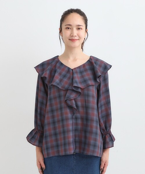 DRESKIP(ドレスキップ)の「【S-LL】きれいめカジュアルに チェック柄フリルブラウス(シャツ/ブラウス・レディース・アイボリー系1/ワイン系1/ダークブラウン系1・01/02/03/04)」の16枚目の写真