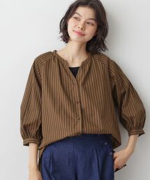 【洗える】ストライプカフス袖ブラウス